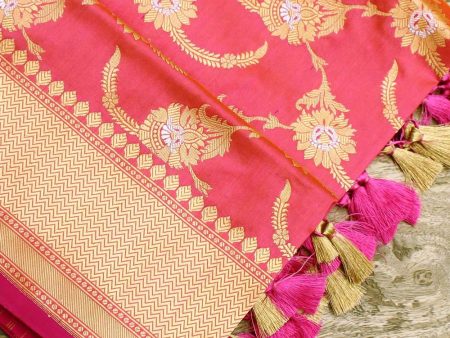 Orange-Pink Pure Katan Silk Kadwa Jangla Handloom Dupatta Discount