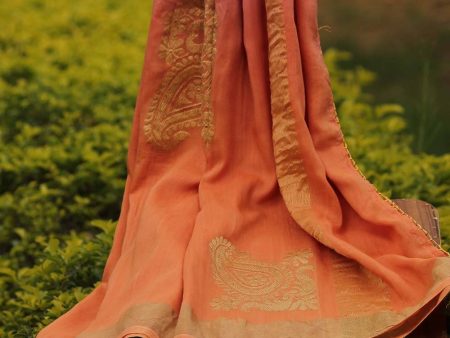 Peach-Orange Ombre Pure Monga Silk Banarasi Handloom Dupatta Online Sale