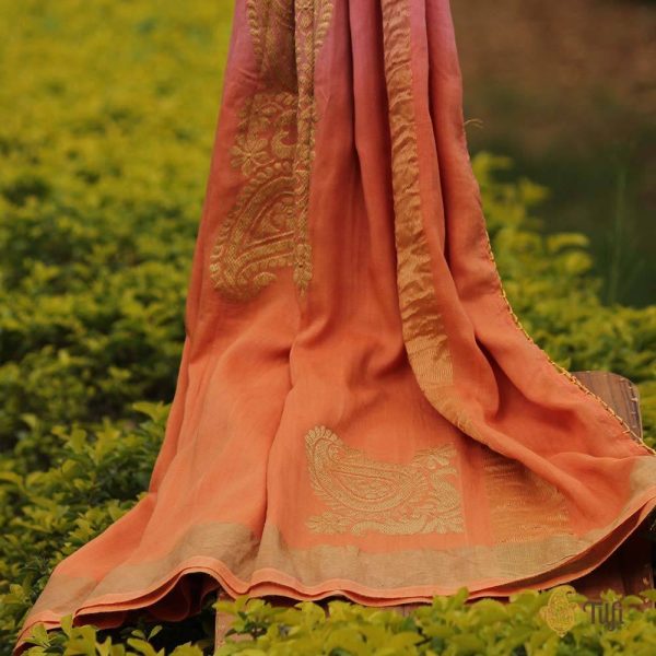 Peach-Orange Ombre Pure Monga Silk Banarasi Handloom Dupatta Online Sale