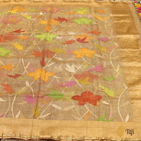 Gold Pure Kora Silk Net Banarasi Handloom Dupatta For Cheap