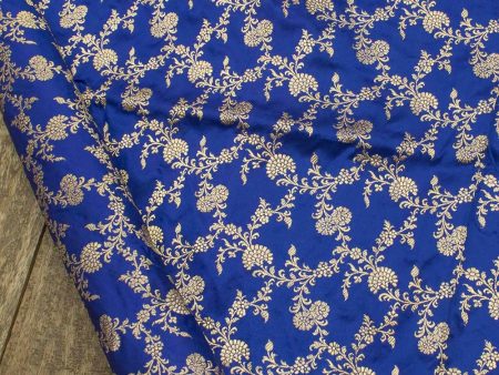 Royal Blue Pure Katan Silk Banarasi Kadwa Handloom Fabric Hot on Sale