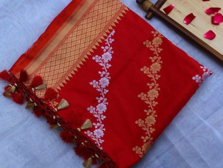 Red Pure Katan Silk Banarasi Handwoven Dupatta For Cheap