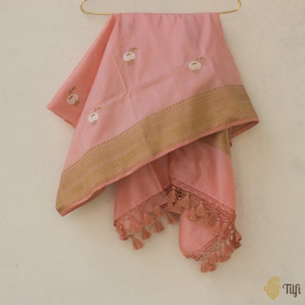 Peach-Pink Pure Katan Silk Banarasi Handloom Dupatta Cheap