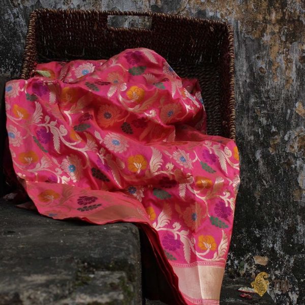 Peach-Gulabi Pink Pure Katan Silk Banarasi Handloom Dupatta Online Sale