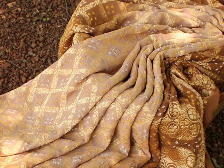 Beige-Brown Pure Georgette Banarasi Handloom Bandhani Dupatta Cheap