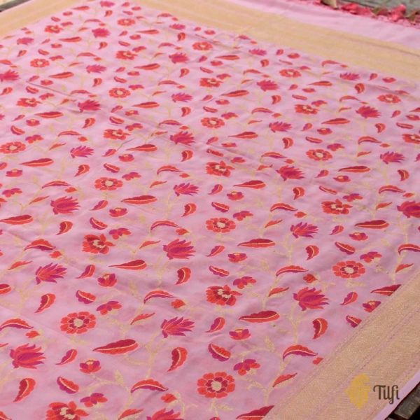 Light Pink Pure Khaddi Georgette Banarasi Handloom Dupatta For Cheap