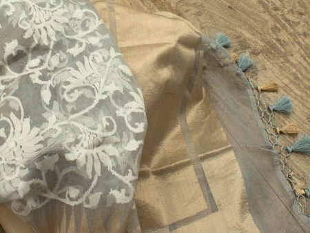 Grey Pure Kora Silk Net Banarasi Handloom Dupatta on Sale