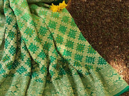 Green-Dark Green Pure Georgette Banarasi Handloom Bandhani Dupatta Cheap