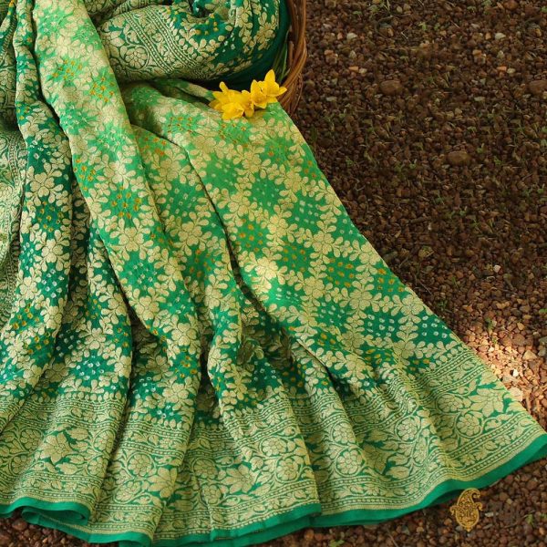 Green-Dark Green Pure Georgette Banarasi Handloom Bandhani Dupatta Cheap