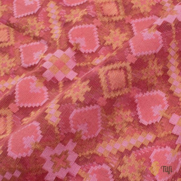 Coral Pink Pure Kora Net Banarasi Handloom Patola Fabric Hot on Sale