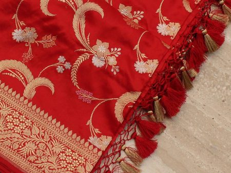 Red Pure Katan Silk Banarasi Kadwa Handloom Dupatta For Cheap