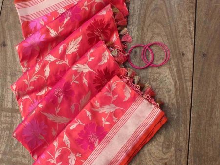 Orange-Gulabi Pink Pure Katan Silk Banarasi Handloom Dupatta Hot on Sale