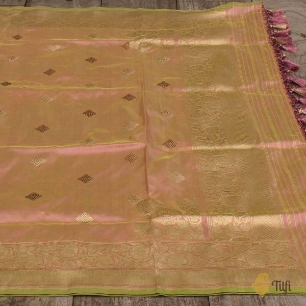 Light Pista Green-Peach Pure Katan Silk Banarasi Handloom Dupatta For Cheap