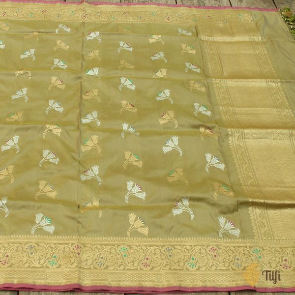 Light Olive Green Pure Katan Silk Banarasi Handloom Dupatta Sale