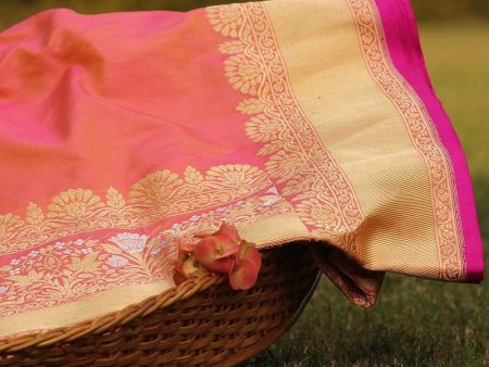 Yellow-Gulabi Pink Pure Katan Silk Banarasi Handloom Saree Online