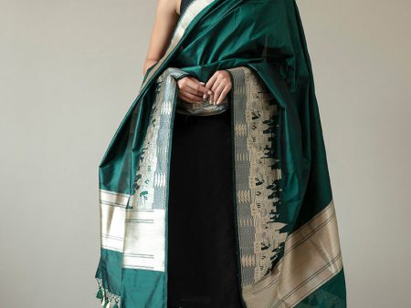 Pre-Order: Bottle Green Pure Katan Silk Banarasi Handloom Dupatta Online Sale