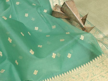 Aqua Green Pure Kora Silk Handloom Banarasi Saree Online Hot Sale