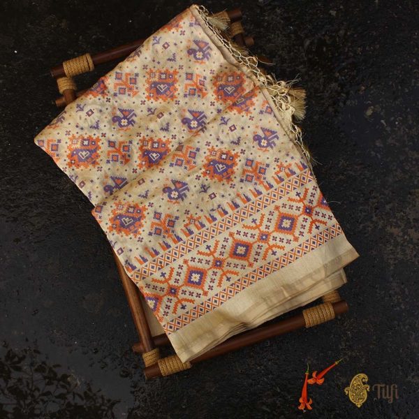 Off-White Pure Katan Silk Banarasi Handloom Patola Dupatta Online