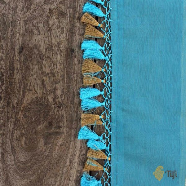 Aqua Blue Pure Cotton Banarasi Handloom Dupatta For Discount