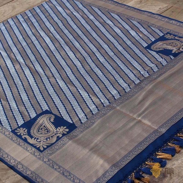 Persian Blue Pure Katan Silk Aadha Jaal Banarasi Handloom Dupatta Cheap