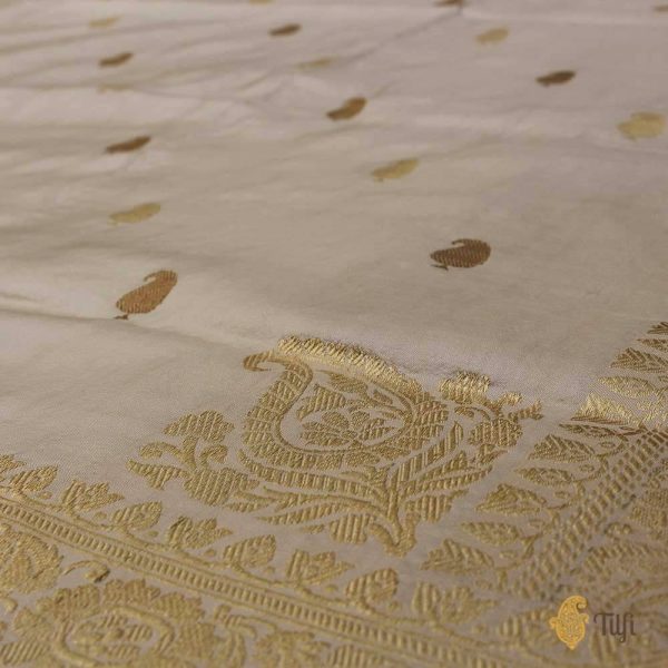 Off White Cream Pure Katan Silk Banarasi Handloom Dupatta For Discount