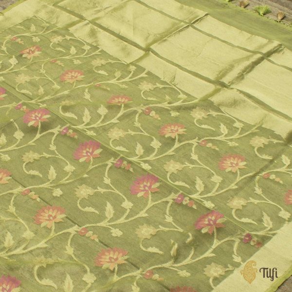 Pista Green Pure Kora Net Banarasi Handloom Dupatta For Sale