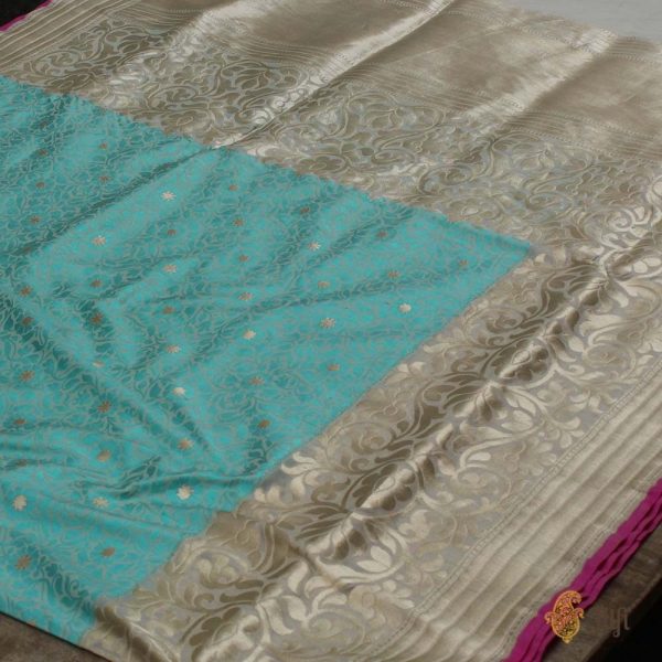 Aqua Blue-Off White Pure Katan Silk Banarasi Handloom Saree Sale