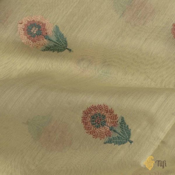 Beige Pure Kora Silk by Cotton Banarasi Handloom Fabric Sale