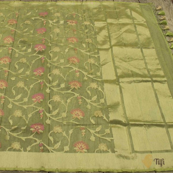 Pista Green Pure Kora Net Banarasi Handloom Dupatta For Sale