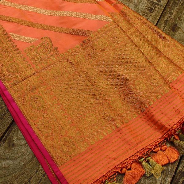 Light Orange-Pink Pure Katan Silk Aadha Jaal Banarasi Handloom Dupatta Fashion