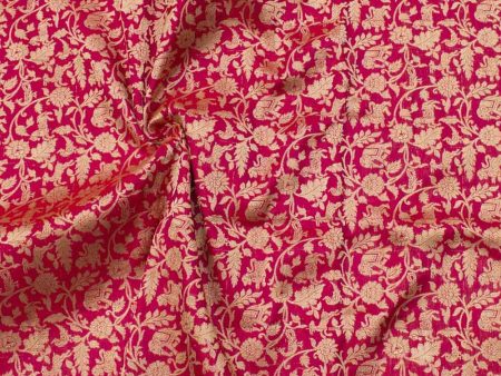 Red-Rani Pink Pure Satin Silk Banarasi Handloom Fabric For Discount