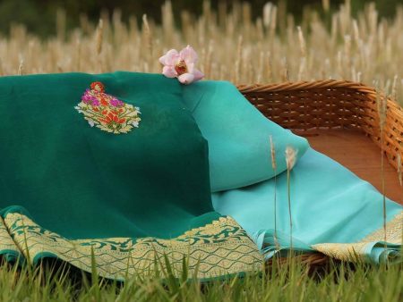 Aqua Blue-Teal Green Ombr√© Pure Georgette Banarasi Handloom Saree For Sale