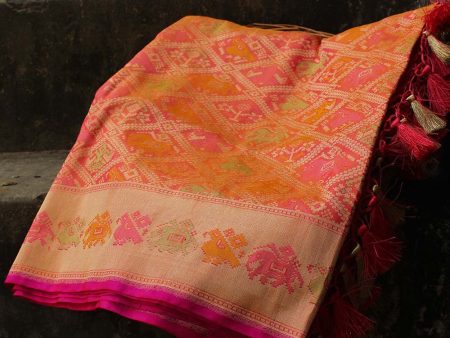 Light Orange-Pink Pure Katan Silk Banarasi Handloom Patola Dupatta Cheap