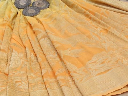 Yellow-Orange Ombre Pure Chiffon Georgette Banarasi Handloom Saree Online now