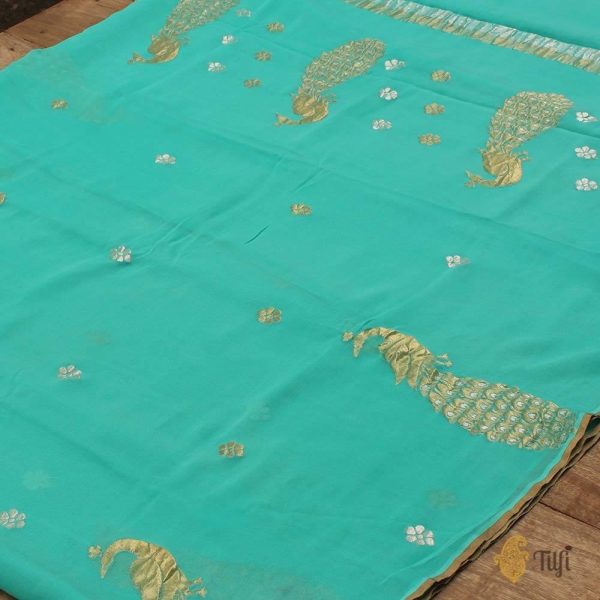 Aqua Blue Pure Chiffon Georgette Banarasi Handloom Saree For Cheap