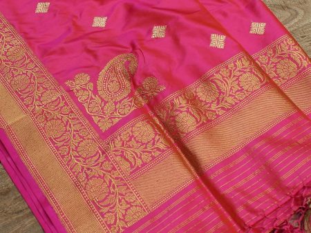 Orange-Pink Pure Katan Silk Banarasi Handloom Dupatta For Discount