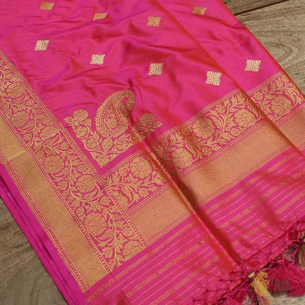 Orange-Pink Pure Katan Silk Banarasi Handloom Dupatta For Discount