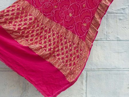 Rani Pink Pure Georgette Banarasi Handloom Bandhani Dupatta Online