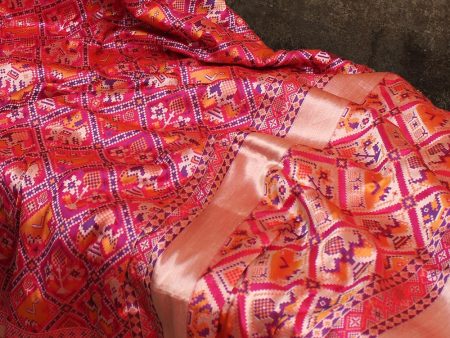 Rani Pink-Red Pure Katan Silk Banarasi Handloom Patola Dupatta Online Sale