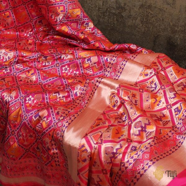 Rani Pink-Red Pure Katan Silk Banarasi Handloom Patola Dupatta Online Sale