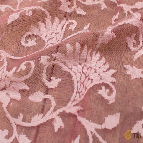 Pink Pure Kora Silk Net Banarasi Handloom Dupatta For Sale