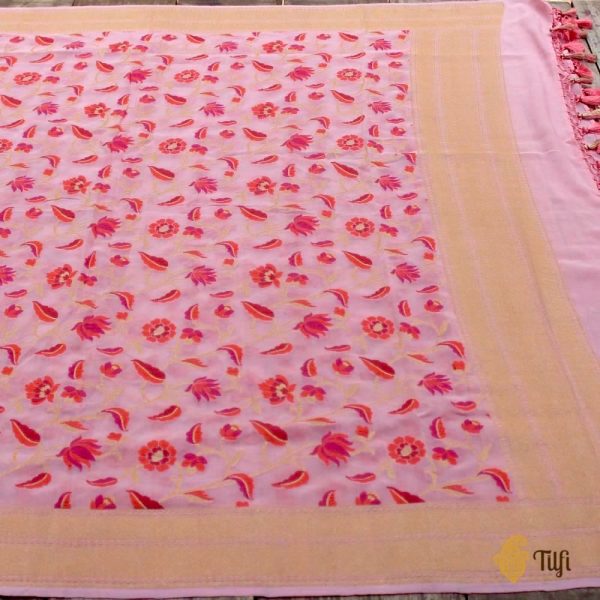 Light Pink Pure Khaddi Georgette Banarasi Handloom Dupatta For Cheap