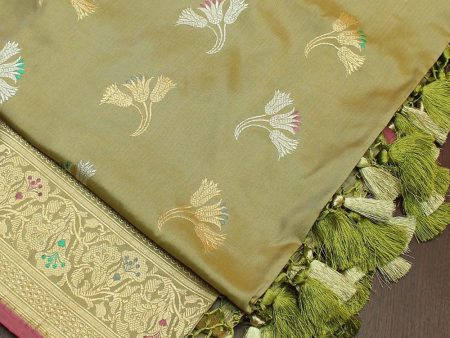 Light Olive Green Pure Katan Silk Banarasi Handloom Dupatta Sale