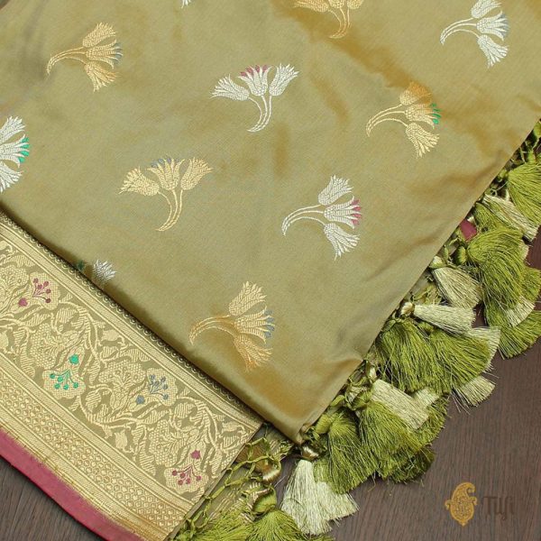 Light Olive Green Pure Katan Silk Banarasi Handloom Dupatta Sale