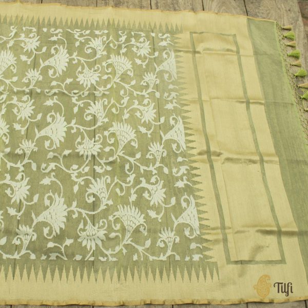 Light Pista Green Pure Kora Net Banarasi Handloom Dupatta on Sale