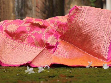 Orange-Gulabi Pink Pure Katan Silk Banarasi Handloom Kadwa Jangla Dupatta Sale