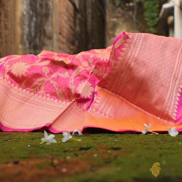 Orange-Gulabi Pink Pure Katan Silk Banarasi Handloom Kadwa Jangla Dupatta Sale