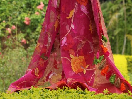 Rani Pink Pure Kora Silk Net Banarasi Handloom Dupatta For Sale