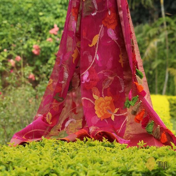 Rani Pink Pure Kora Silk Net Banarasi Handloom Dupatta For Sale