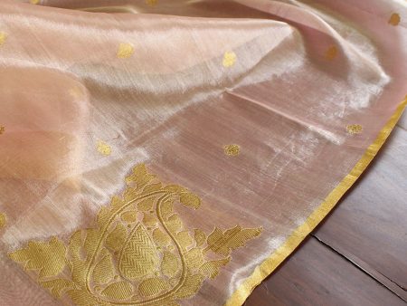 Light Pink Pure Kora Tissue Banarasi Handloom Dupatta For Sale